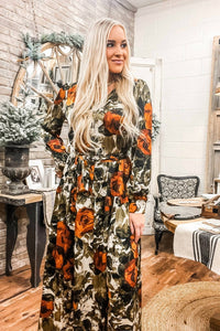 SKIES ARE BLUE Abstract Rose Midi Dress - Plus in rust olive - women's dress - alternate view