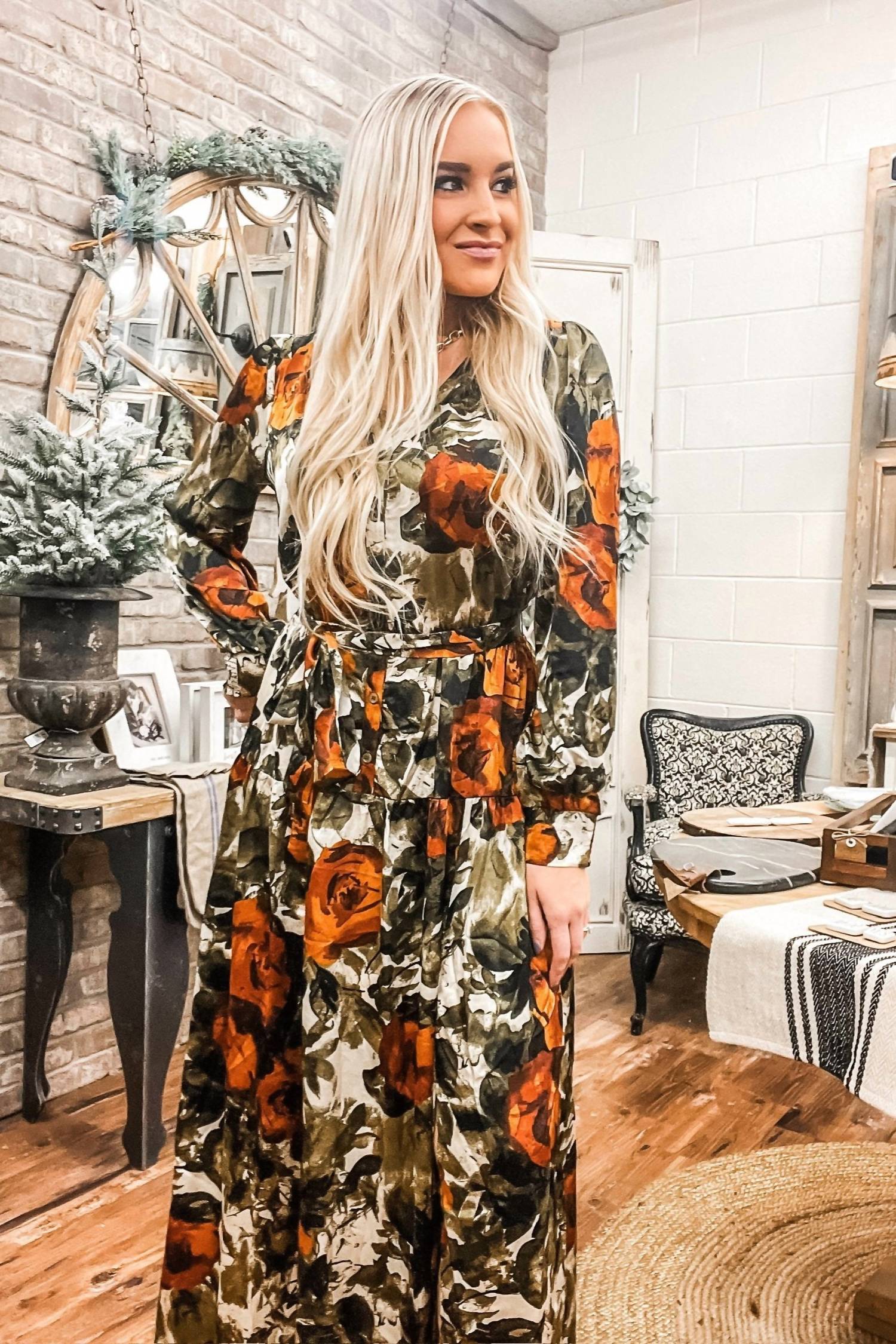 SKIES ARE BLUE Abstract Rose Midi Dress - Plus in rust olive - women's dress - alternate view