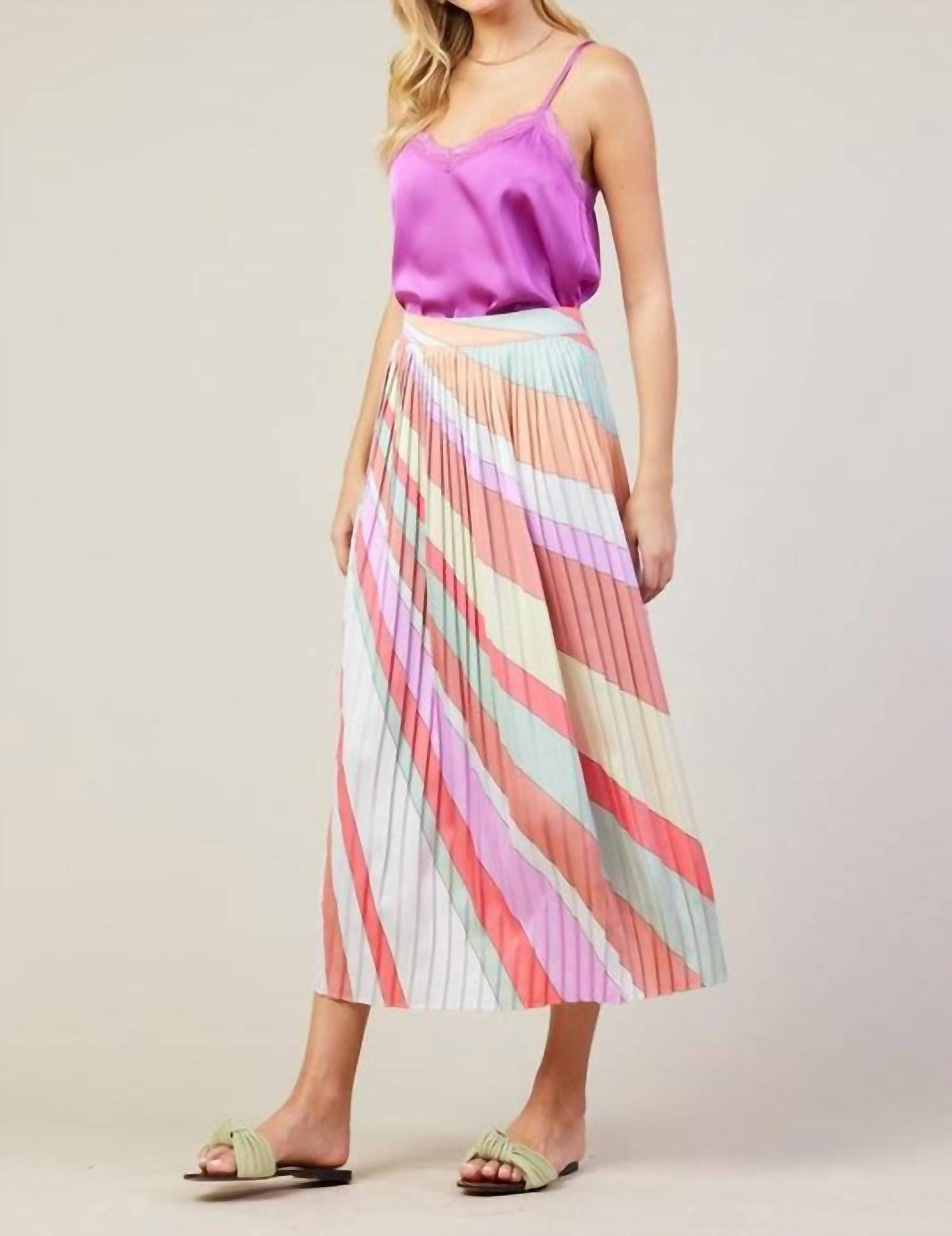 Skies Are Blue - Frank Stella Graphic Rainbow Lines Print Midi Skirt