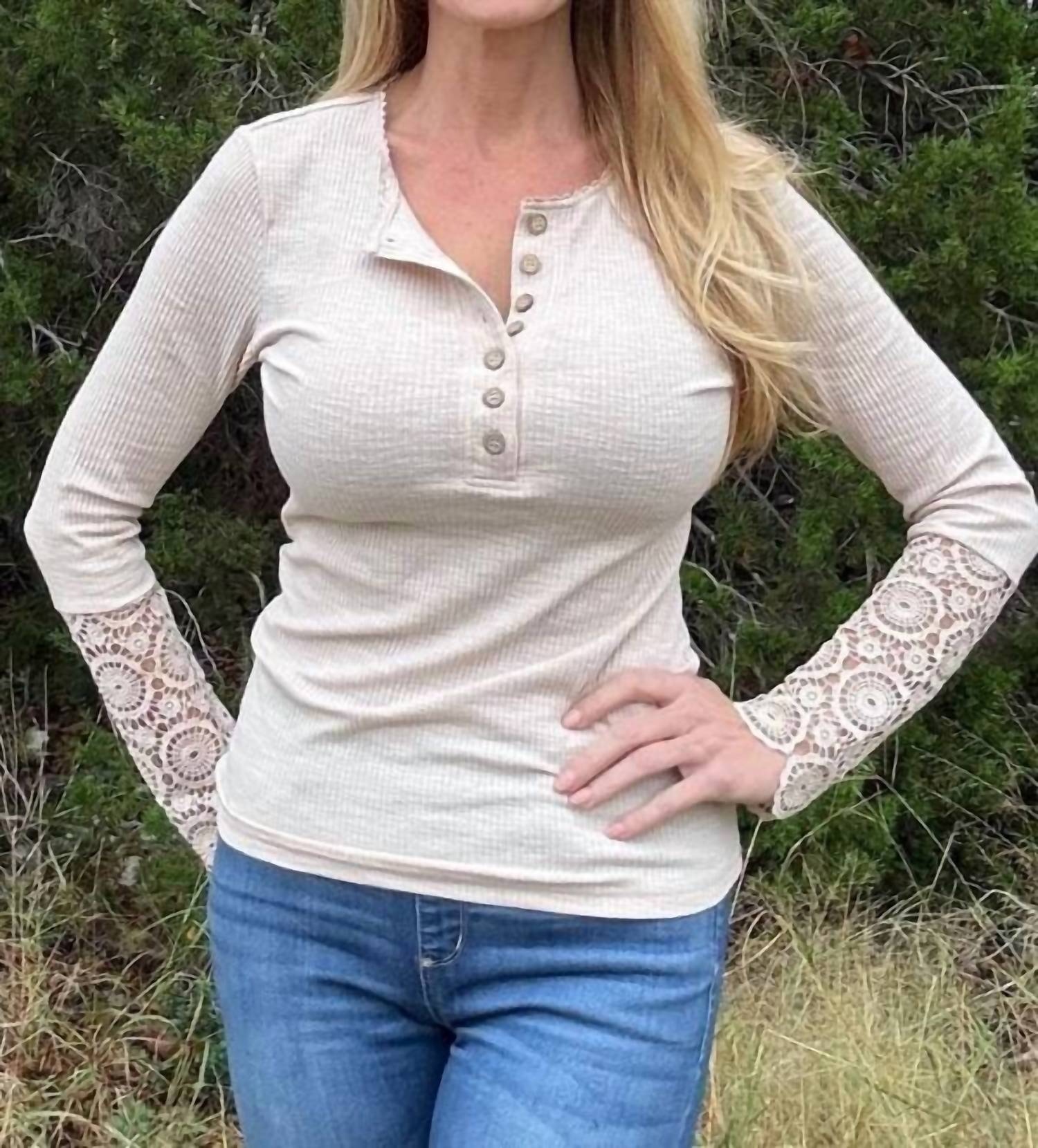 Thomas & Co Women's Crochet Lace Button Top in beige - women's long sleeve top