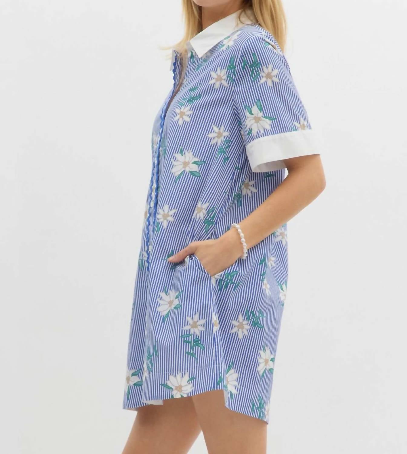 Entro - Striped Floral Print Shirt Mini Dress