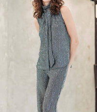 Clara Sun Woo Shimmer Sequin Mock Neck-tie Detail Top in silver pinstripe - women's blouse