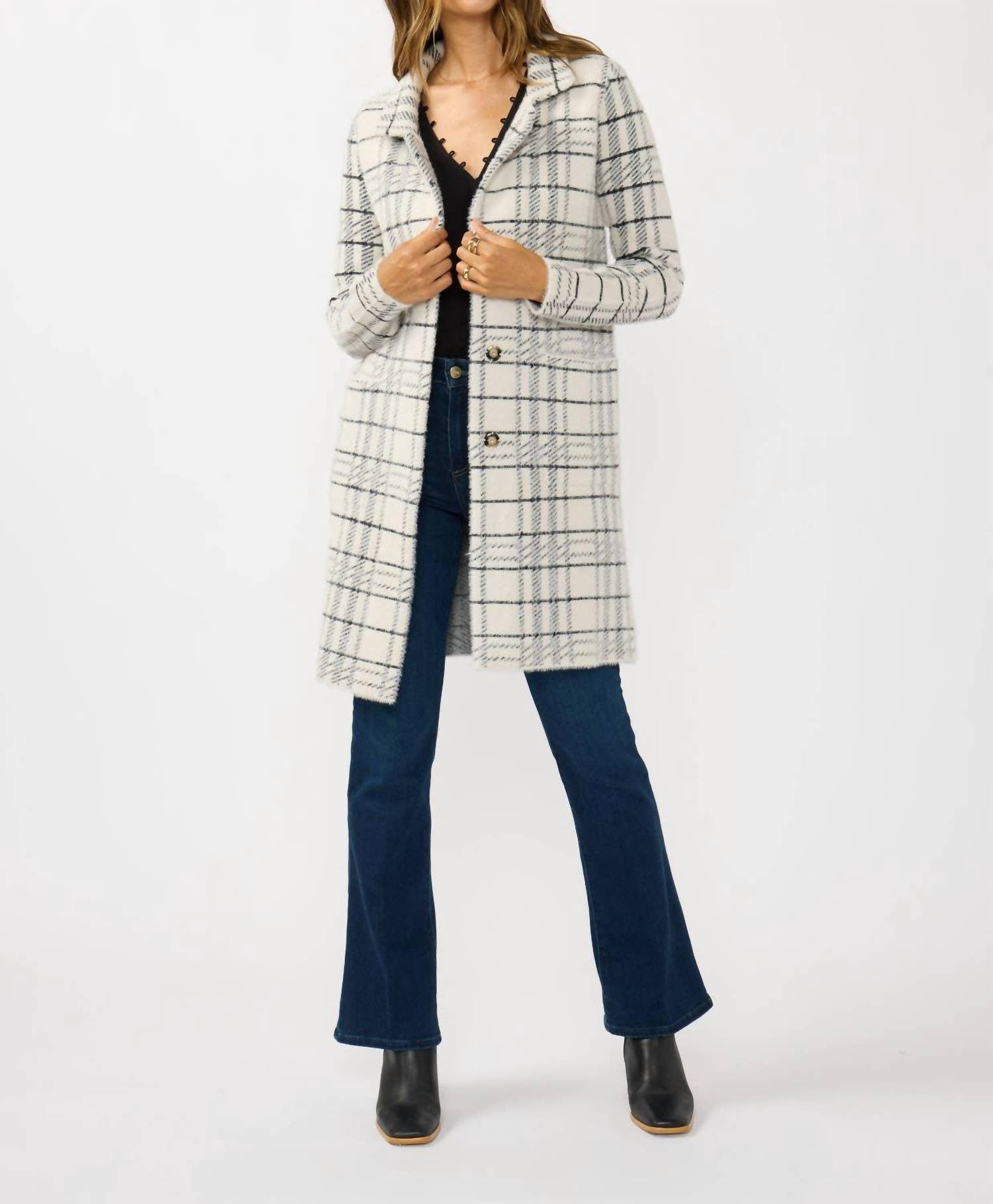 Lovestitch - Plaid Notched Collar Button Front Cardigan
