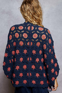 POL Floral Crochet Cardigan in navy - women's cardigan - alternate view