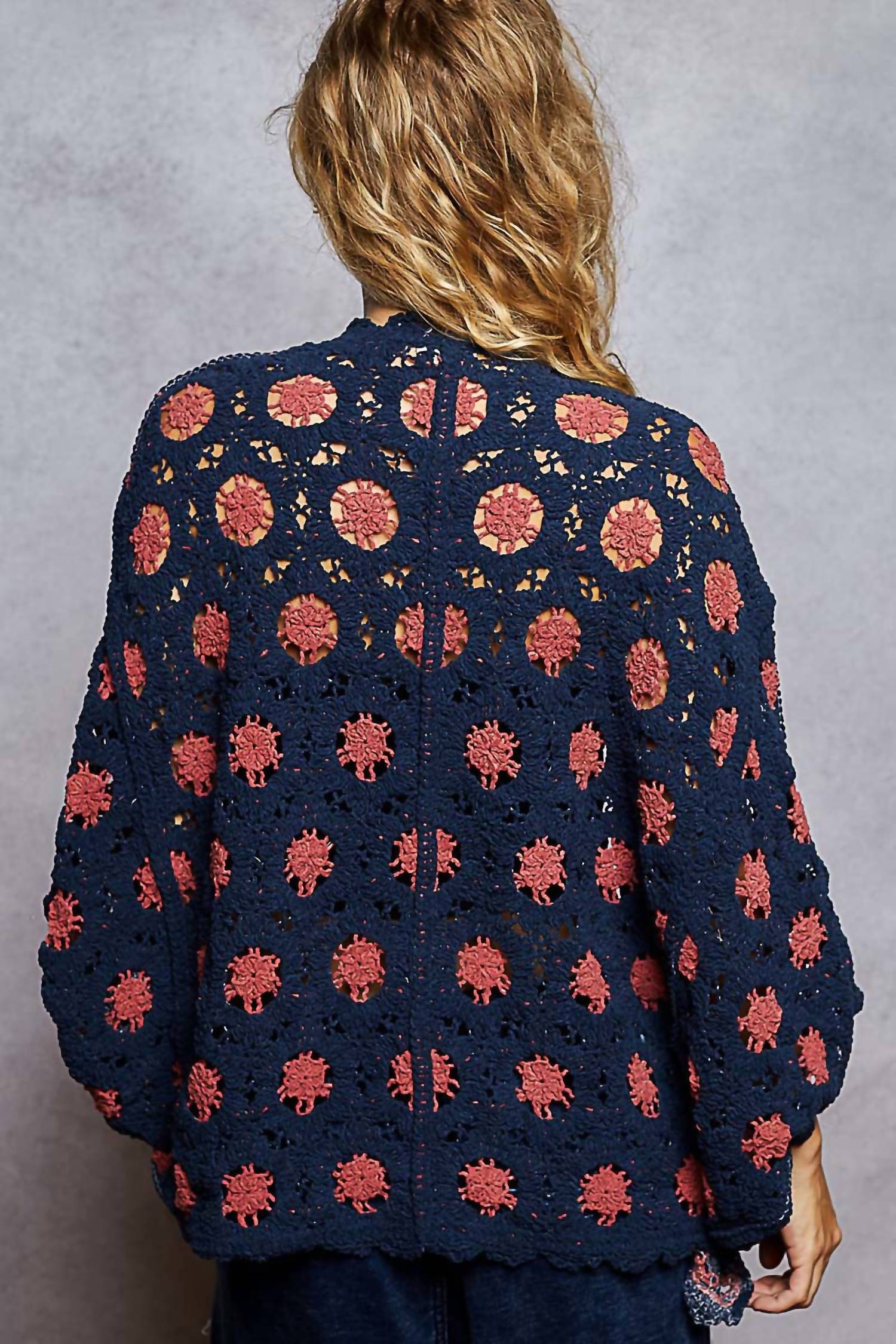 POL Floral Crochet Cardigan in navy - women's cardigan - alternate view