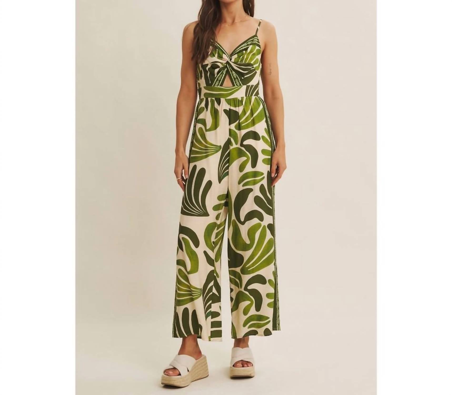 In February - Island Breeze Border Print Knot Front Wide-Leg Jumpsuit