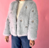 DOLCE CABO Embellished Rhinestone Flower Faux Fur Jacket in grey - women's jacket - alternate view