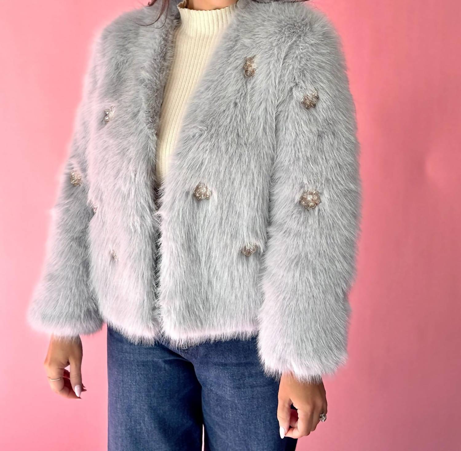 DOLCE CABO Embellished Rhinestone Flower Faux Fur Jacket in grey - women's jacket - alternate view