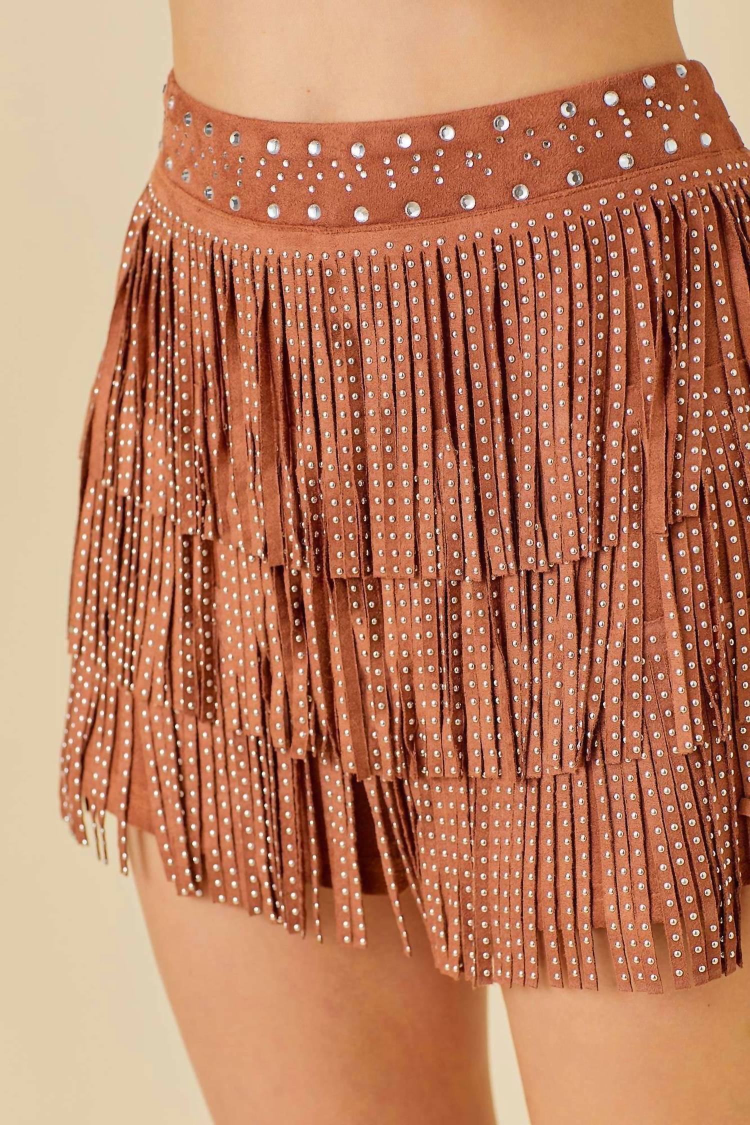 Mainstrip - Western Rhinestone Trim Stud Fringe Suede Short