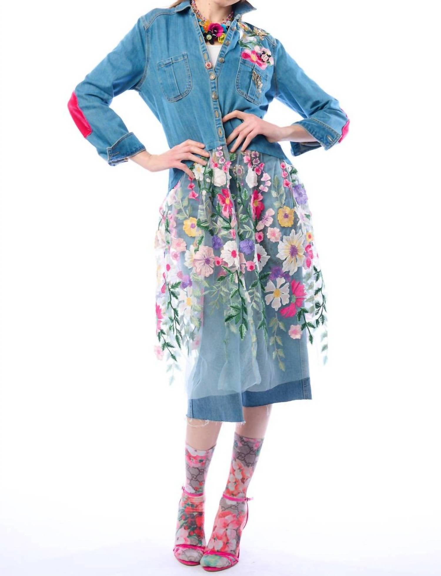 Aratta Celine Button Down Floral Shirt Dress in denim blue - women's shirt - view 4