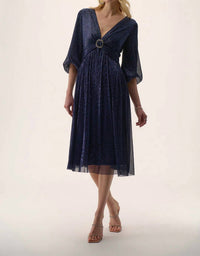 Joseph Ribkoff - Sparkle Mesh 3/4 Puff Sleeve Midi Fit And Flare Dress