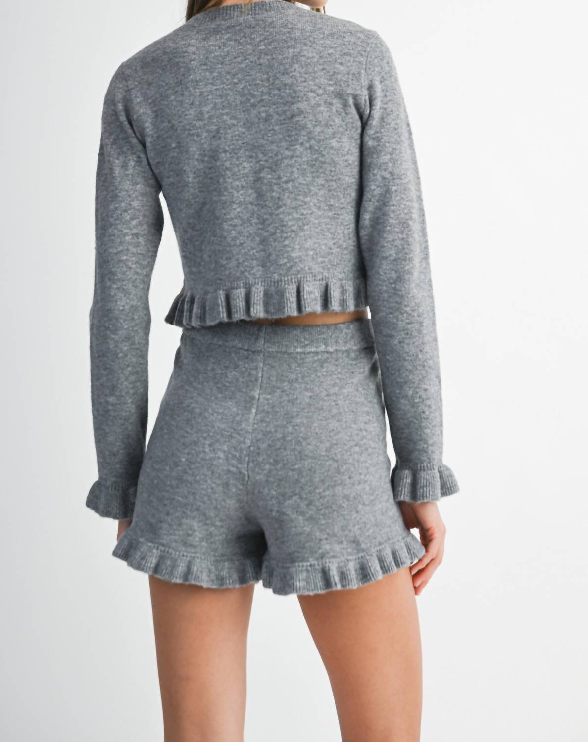 Mable - Ruffle Cardigan Top Matching Ruffle Shorts Set