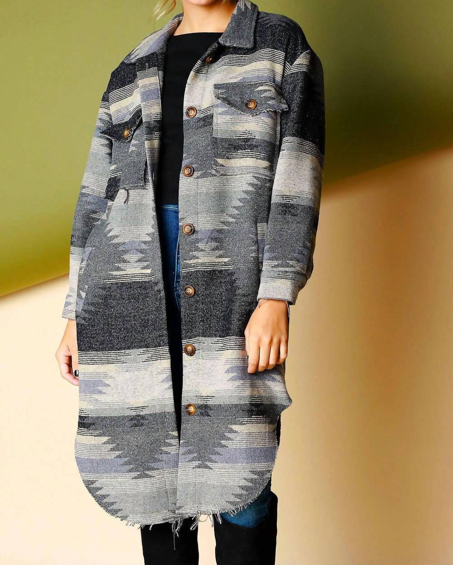 Bestto - Aztec Pattern Long Jacket