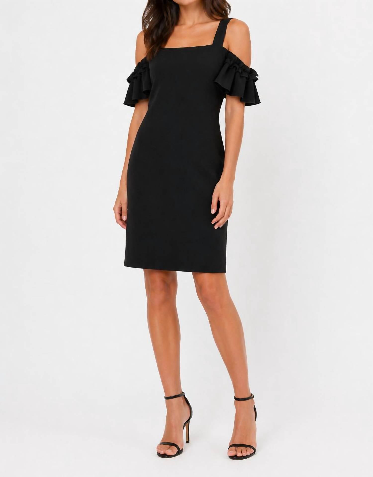 DREW Cold Shoulder Ruffle Sleeve Dress in black - women's dress