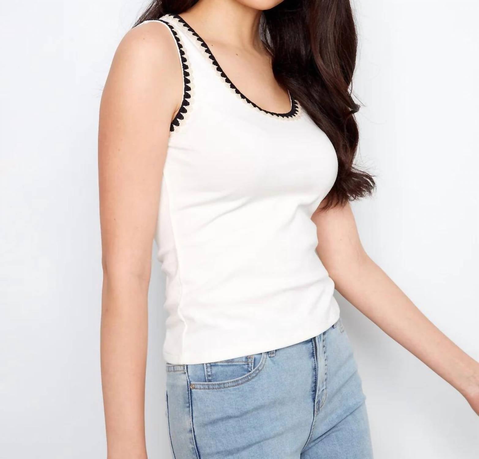 CHARLIE B Knit Tank Top With Crochet Detail in ecru - women's tank top - detail view