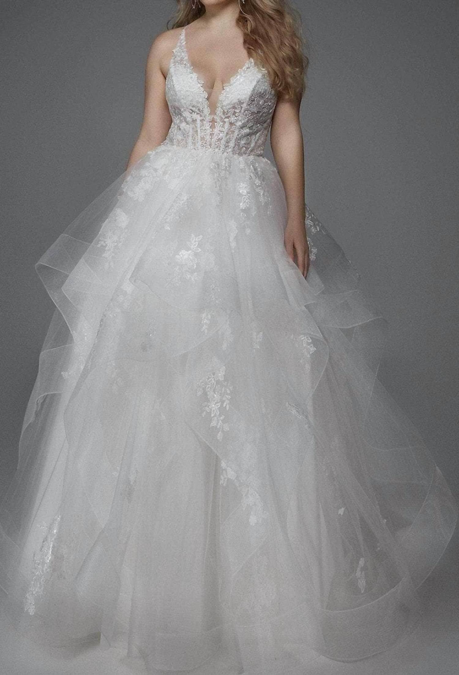 ALYCE PARIS Plunging Floral Applique Ball Gown in diamond white azure blue - women's dress