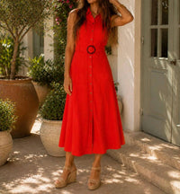 Apricot - Sleeveless Belted Shirt Midi Dress