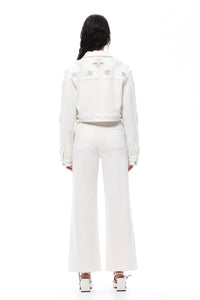 Bayeas - Eyelet And Pearl Embellished High Rise Straight Jeans