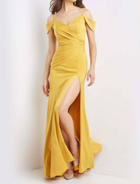 JOVANI Off Shoulder Prom Gown in yellow - women's dress
