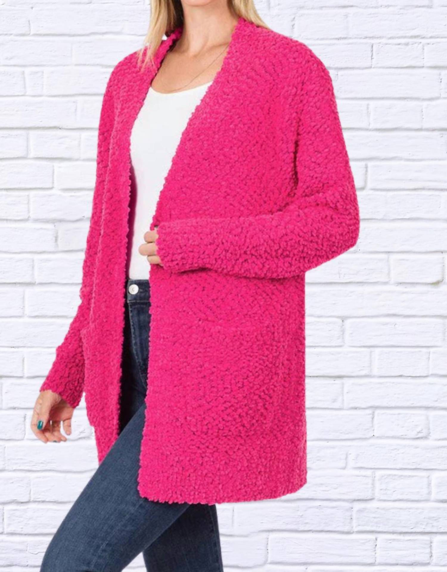 ZENANA Long Sleeve Popcorn Sweater Cardigan in hot pink - women's cardigan - detail view