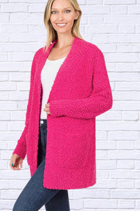 ZENANA Long Sleeve Popcorn Sweater Cardigan in hot pink - women's cardigan - alternate view
