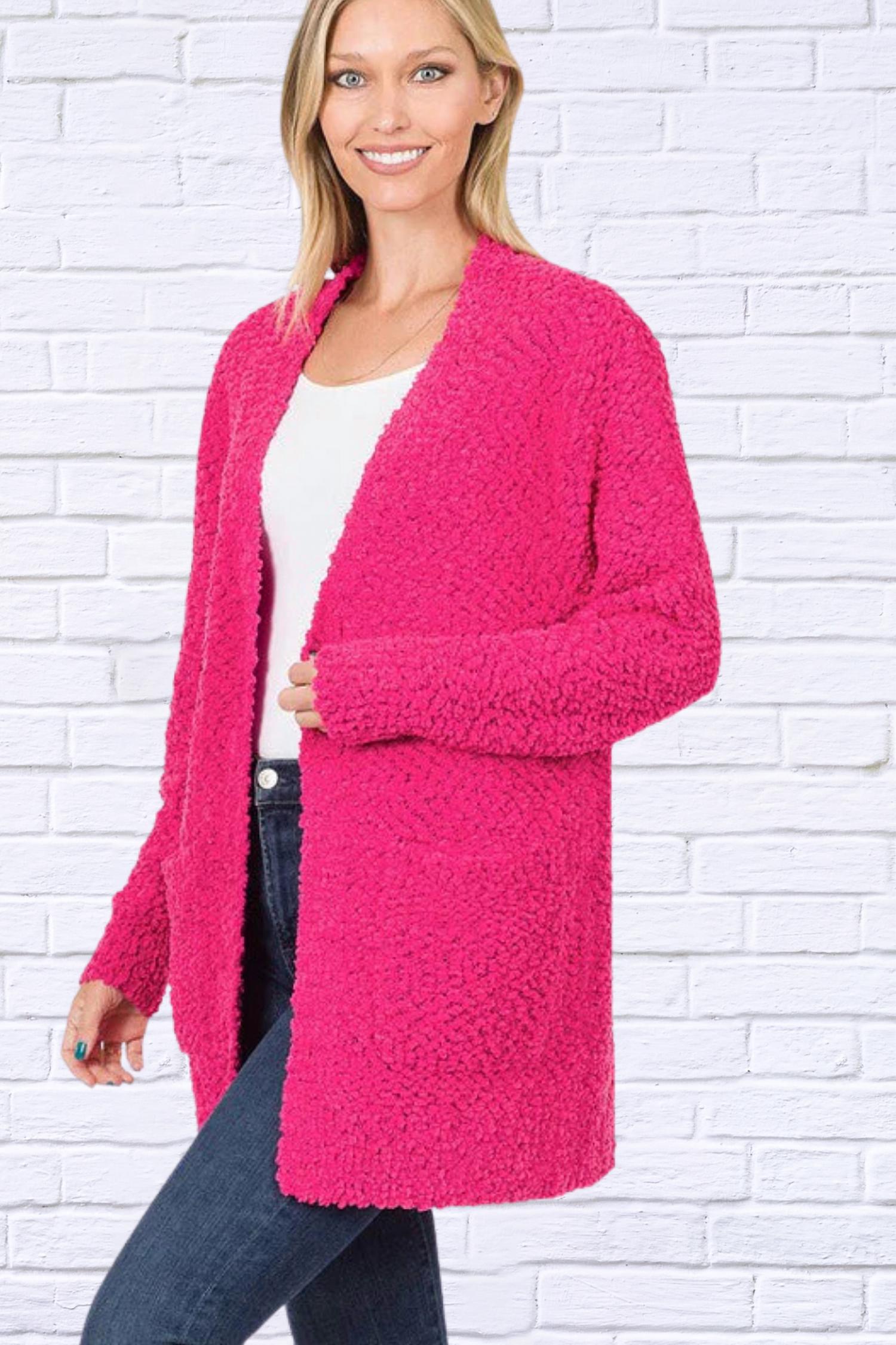 ZENANA Long Sleeve Popcorn Sweater Cardigan in hot pink - women's cardigan - alternate view