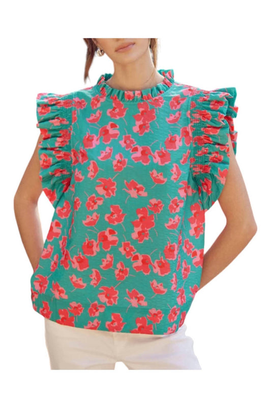 Jodifl - Frill Neck Ruffle Sleeve Floral Top