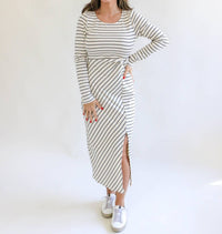 Gilli - Long Sleeve Waist Twist Side Slit Stripe Maxi