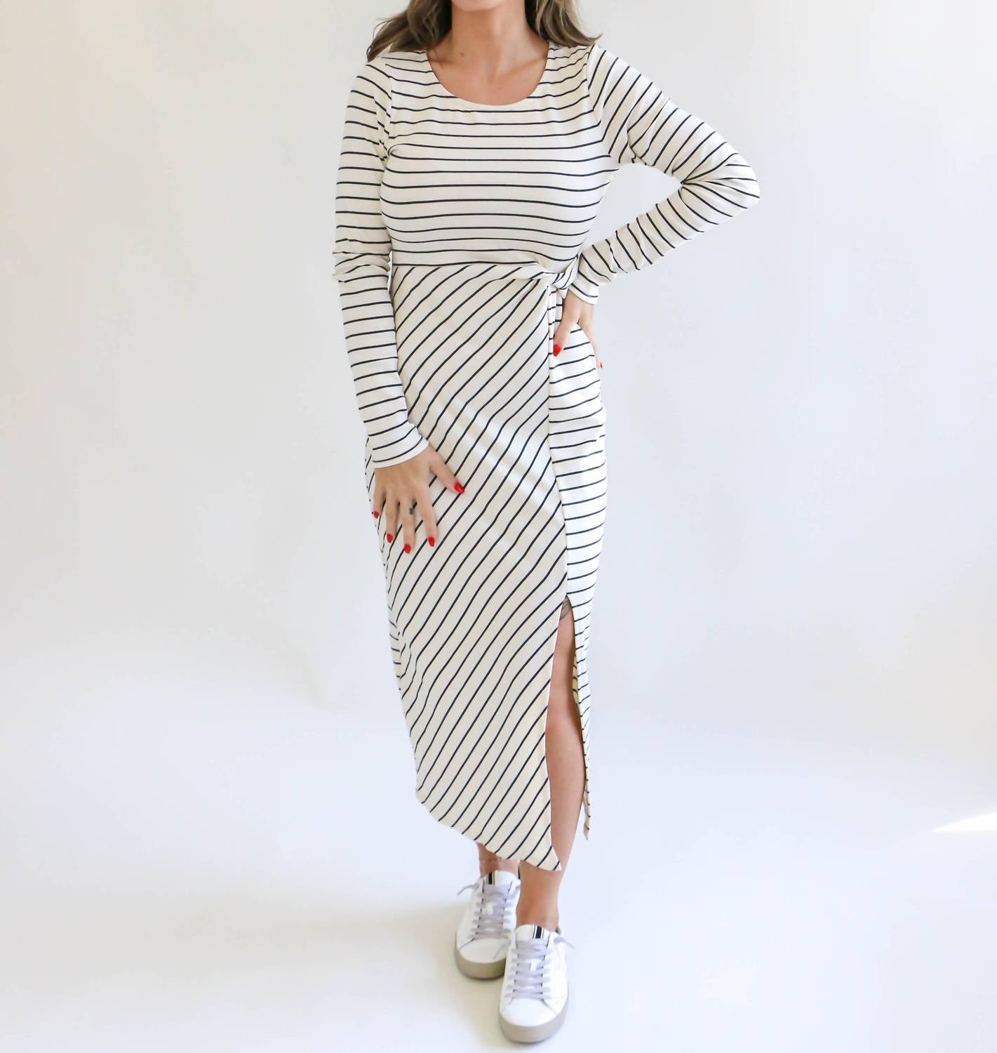 Gilli - Long Sleeve Waist Twist Side Slit Stripe Maxi