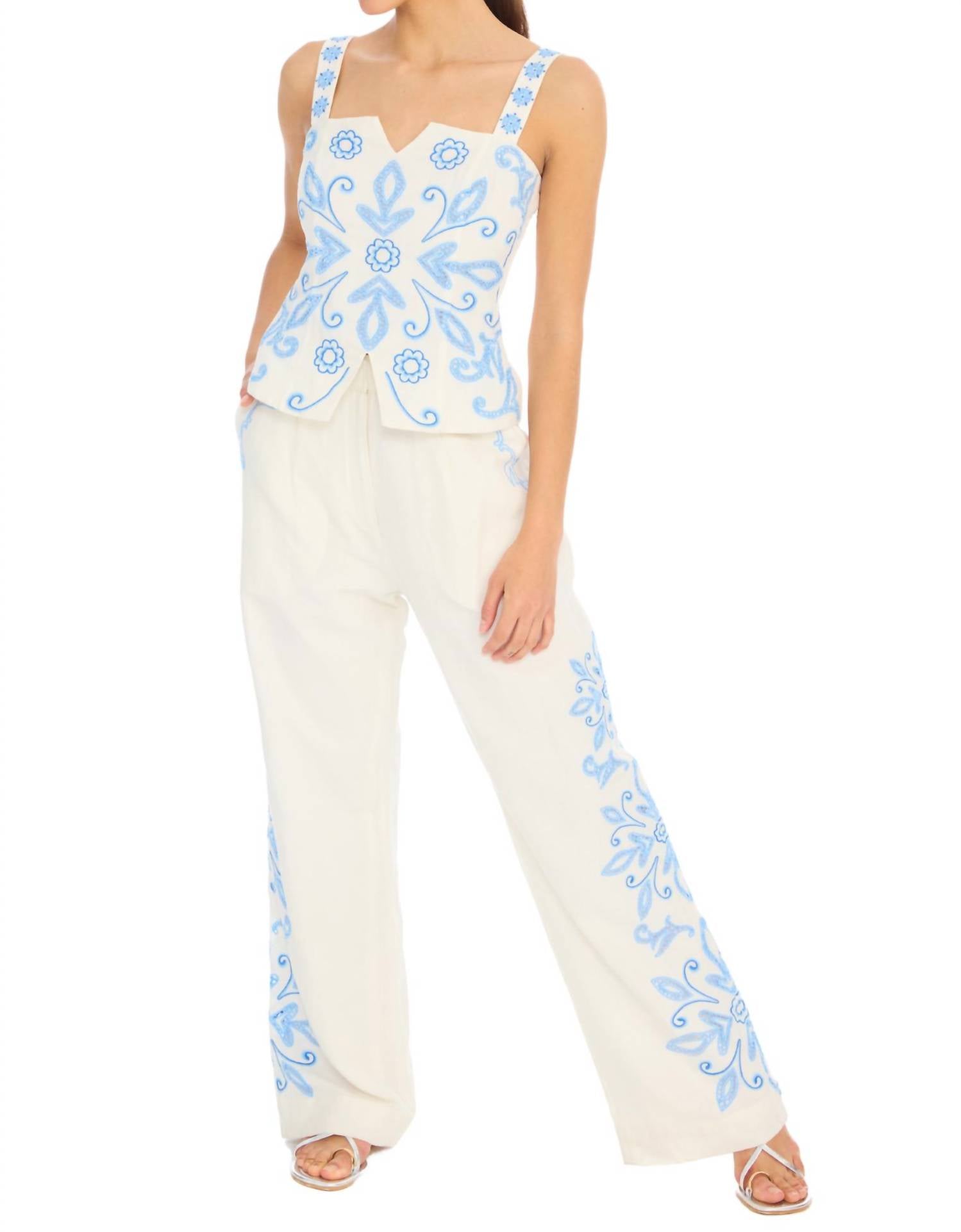 ALLISON NEW YORK Embroidered Audrey Pant in blue white - women's pants - alternate view