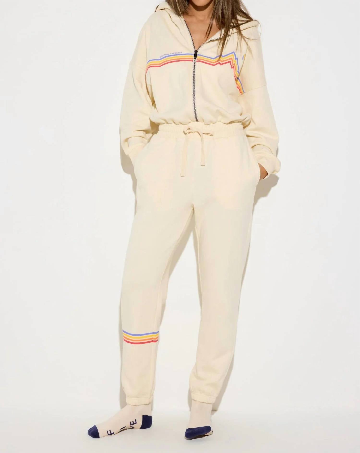 SPIRITUAL GANGSTER Cali Stripe Apres Jumpsuit in white - women's pants