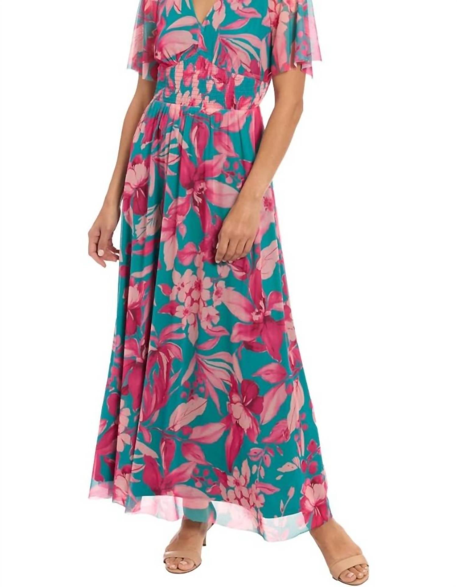 London Times - Botanical Smocked Waist A-line Trimmed Hem Maxi Dress