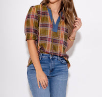 THML Color Pop Plaid Puff Sleeve Top in olive - women's blouse