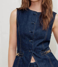 FLYING TOMATO Denim Sleeveless Vest in dark denim - women's jacket - view 5