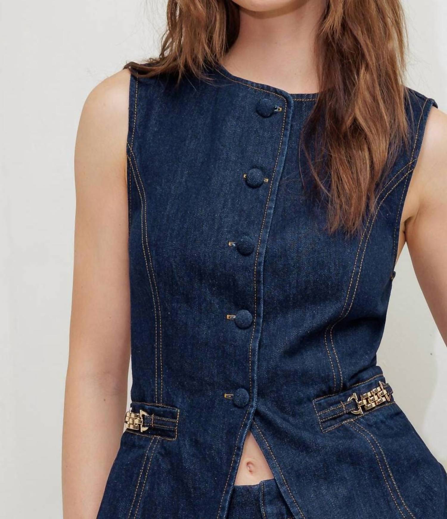 FLYING TOMATO Denim Sleeveless Vest in dark denim - women's jacket - view 5