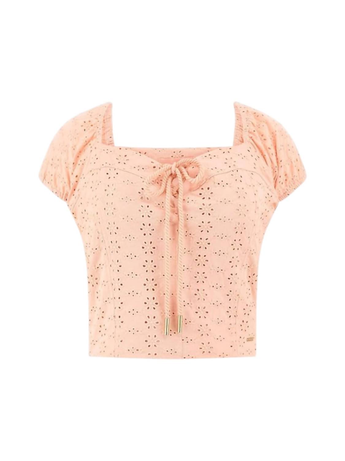 Guess Eliane Off-the-shoulder Top in peach creme multi - women's shirt - detail view