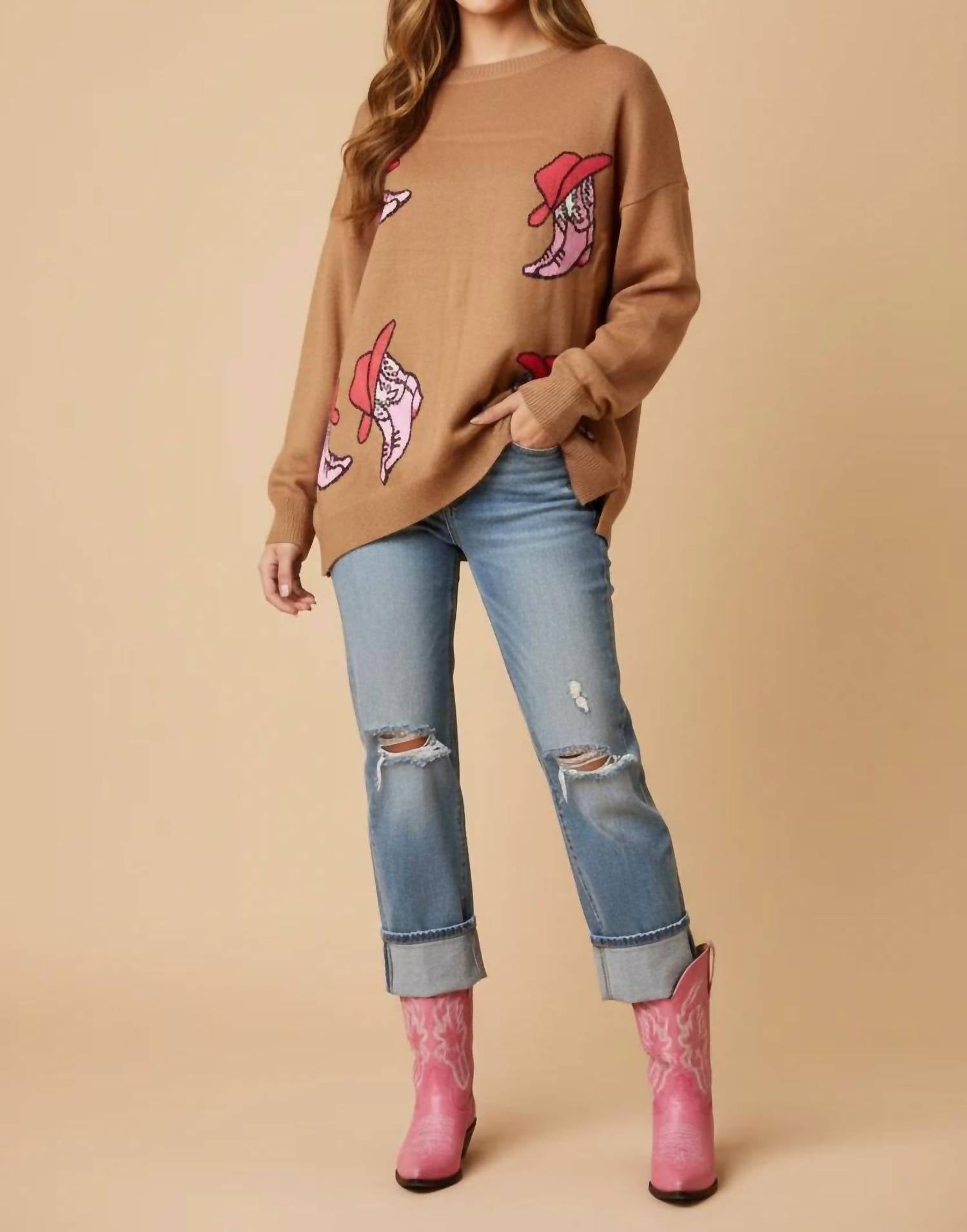 She + Sky - Women's Pullover Cowboy Boots Print Sweater