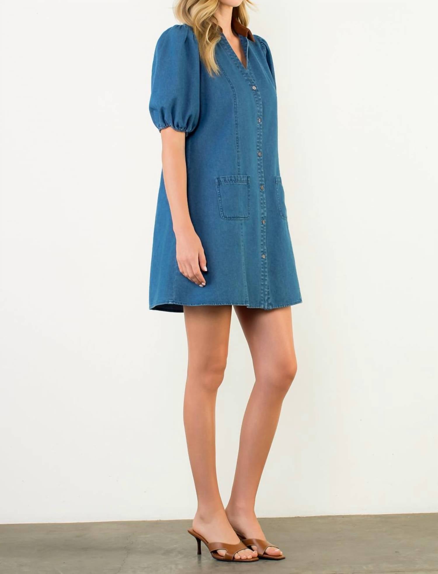 THML Mixed Media Denim Dress in blue - women's dress - view 5