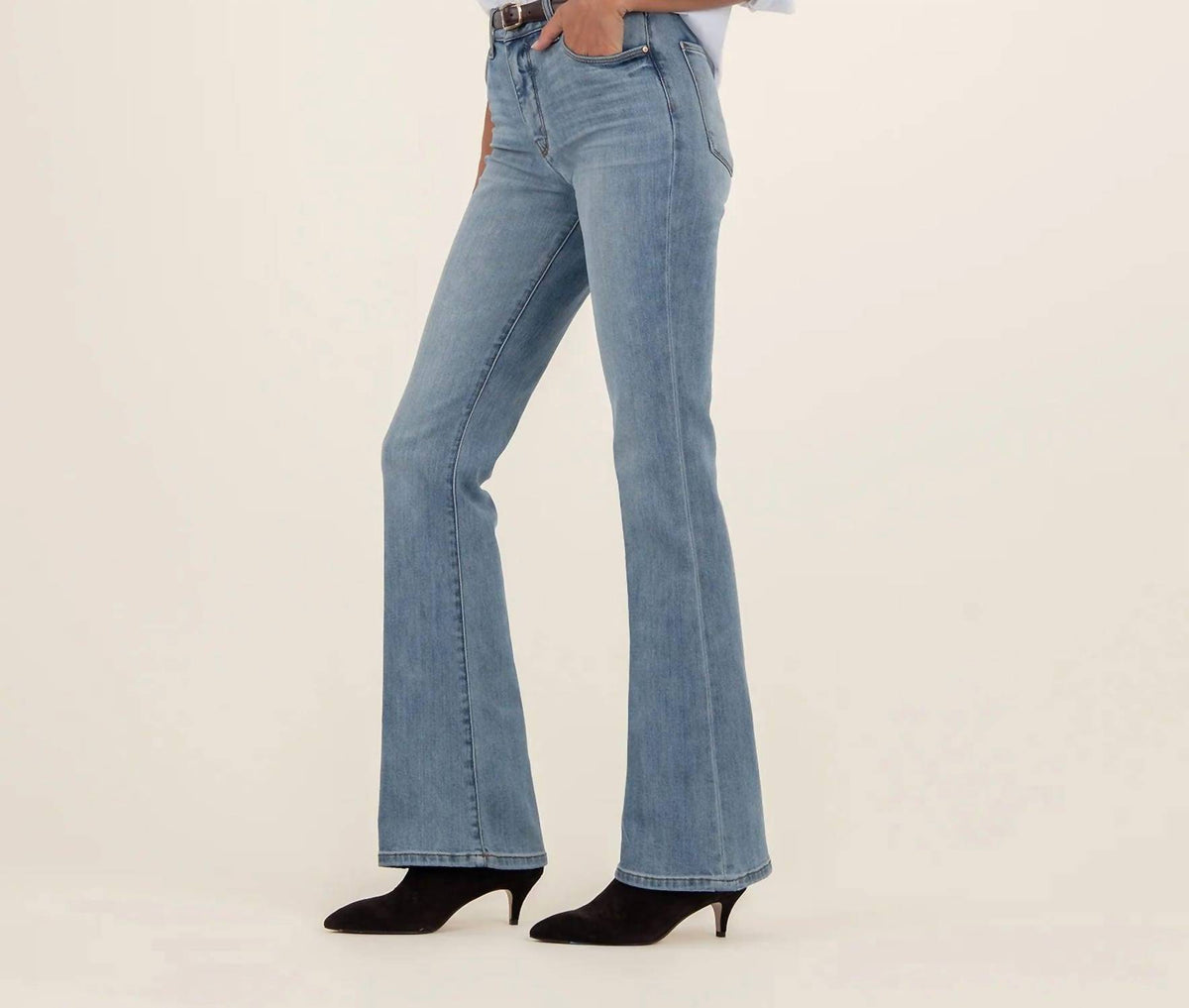 KUT FROM THE KLOTH High Rise Flare Pant in donate with medium base wash - women's pants - detail view