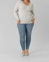 Minnie Rose - Cotton Cashmere Distressed Long Lseeve V-neck Sweater - Plus
