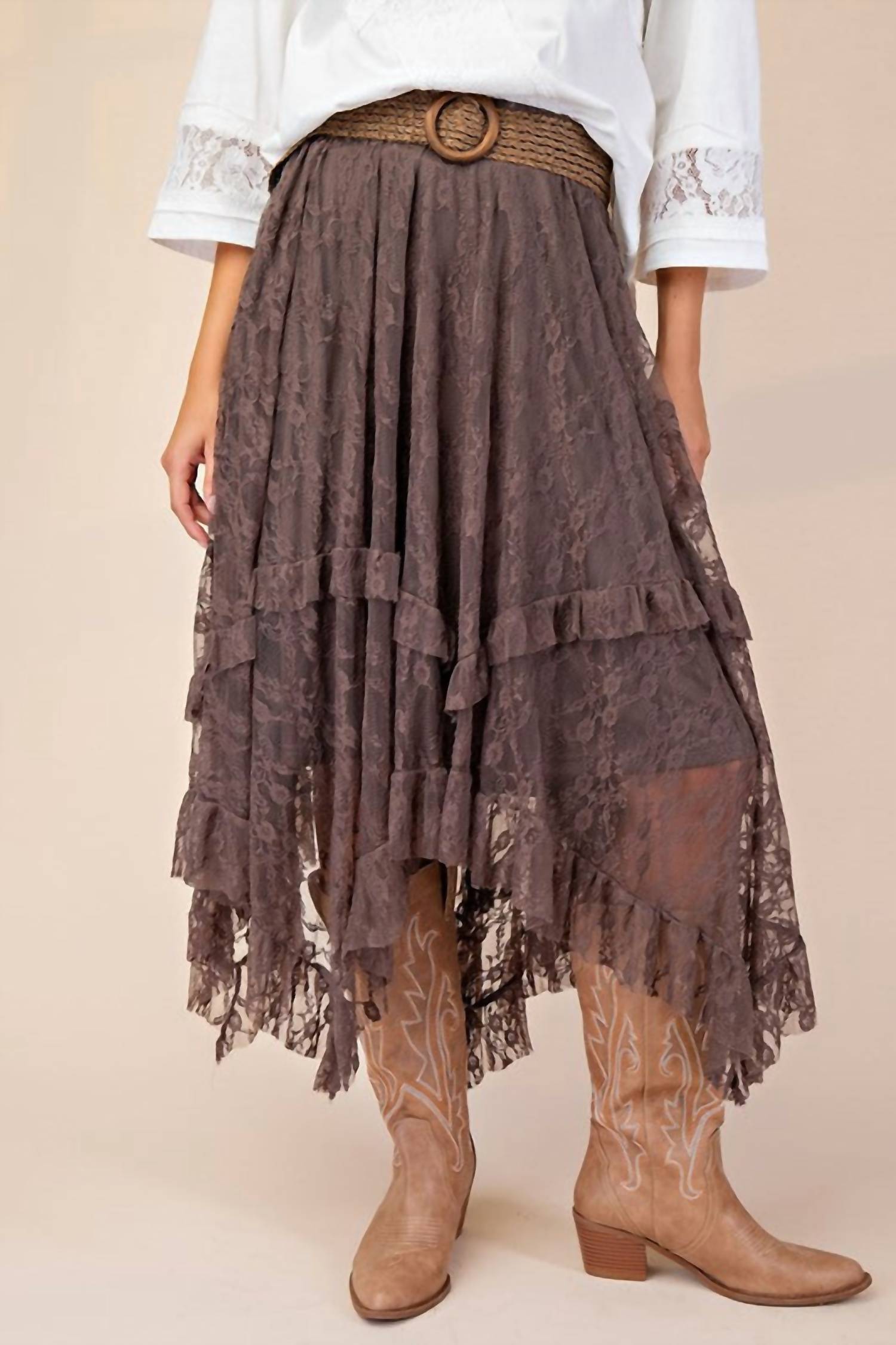 Easel - Alana All Over Lace Sharkbite Maxi Skirt