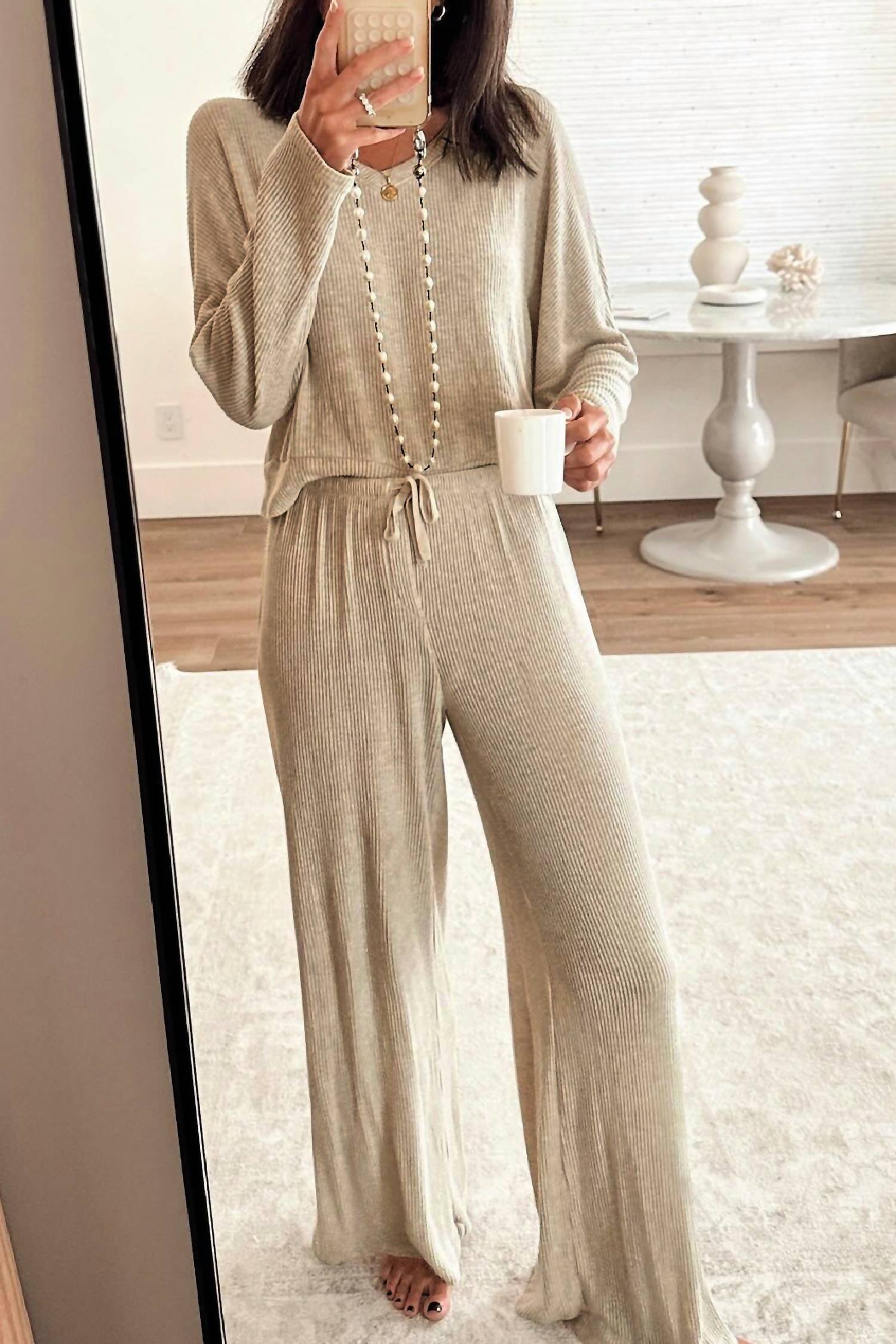 dear lover V-Neck Ribbed 2 piece Loungewear Set in beige - women's sleepwear