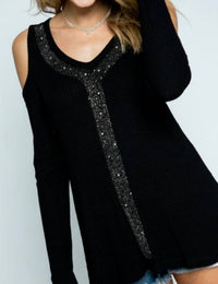 VOCAL APPAREL Cold Shoulder Top With Bling Waffle Texture Fabric in black - women's blouse