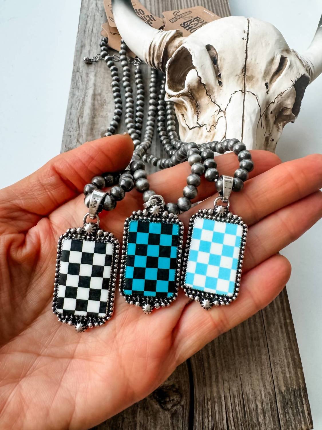 Boho Ranch Women's Checkered Pendant Necklace in black turquoise - women's item - detail view