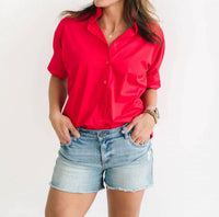 Heidi Houston Women's Short Sleeve Ruffle Shirt in red - women's shirt