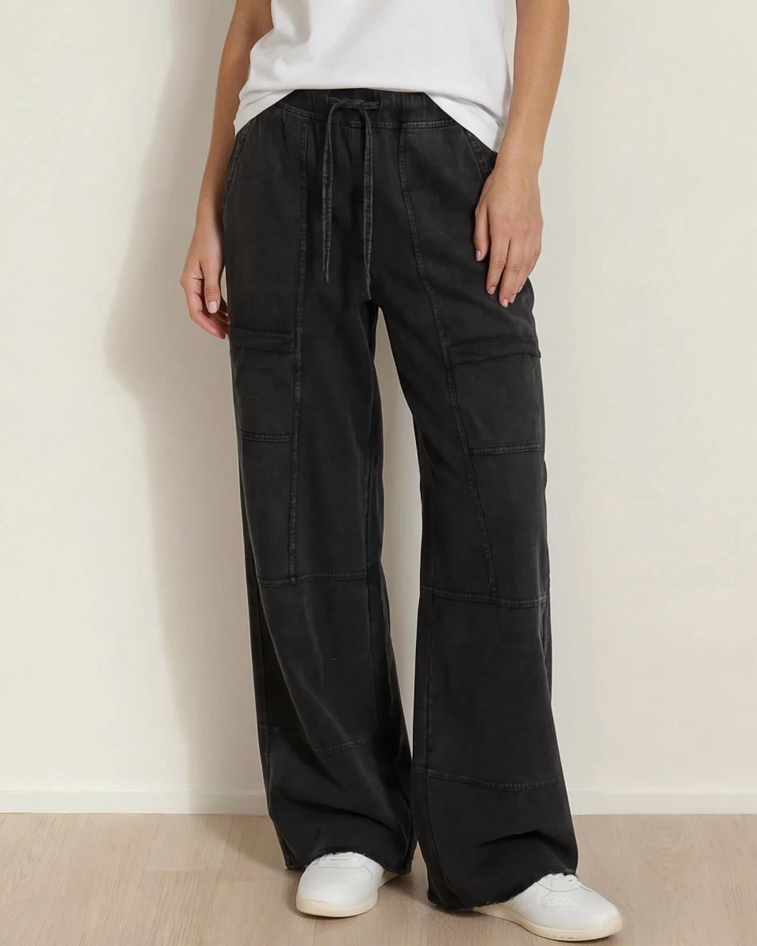 Indie & Co Hannah Mineral Washed Cargo Pants in black - women's pants