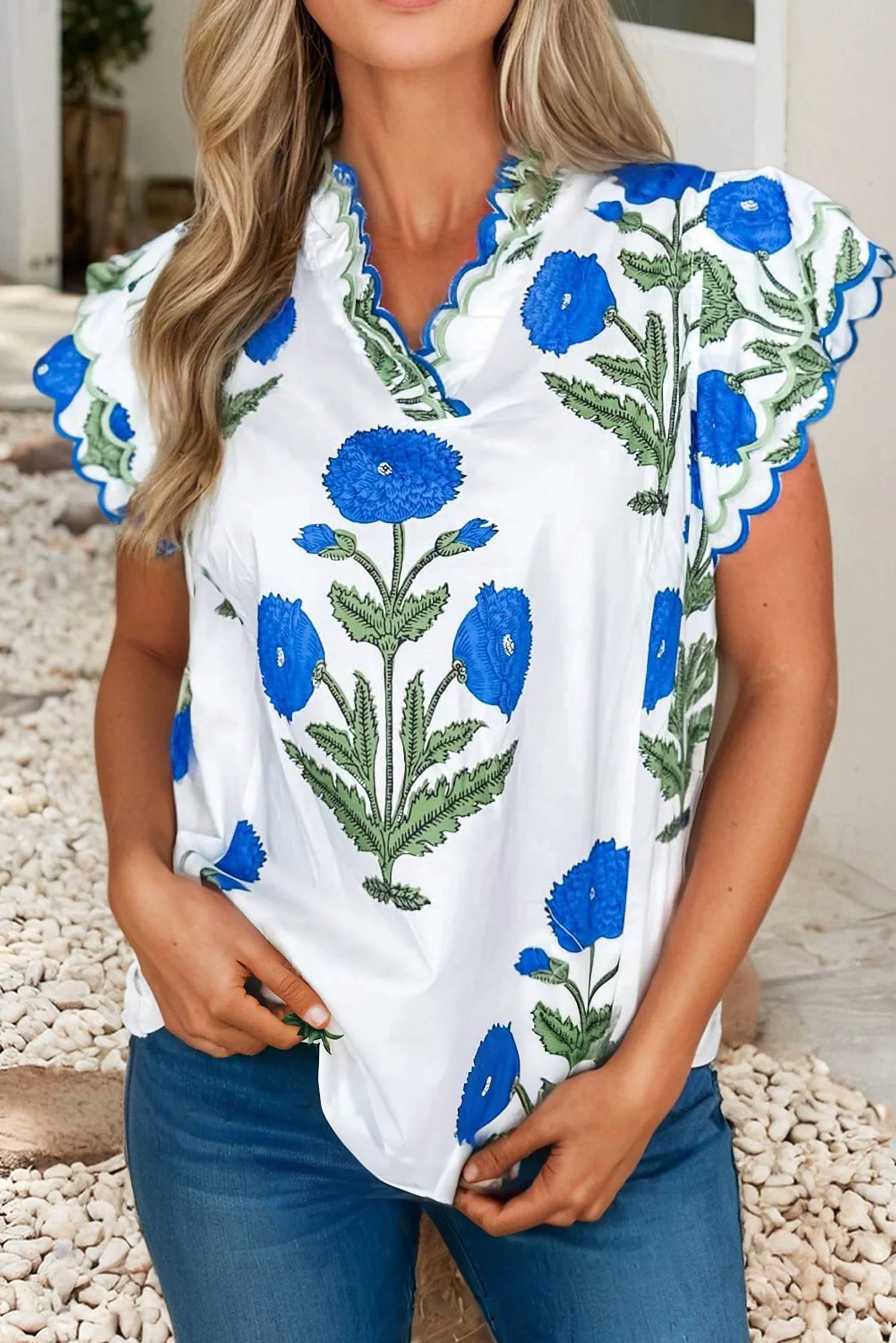 Little Daisy Closet - Flower Contrast Trim Scallop Detail Short Sleeve Blouse