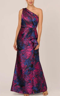 Adrianna Papell - One Shoulder Jacquard Mermaid Gown With Drape Detail