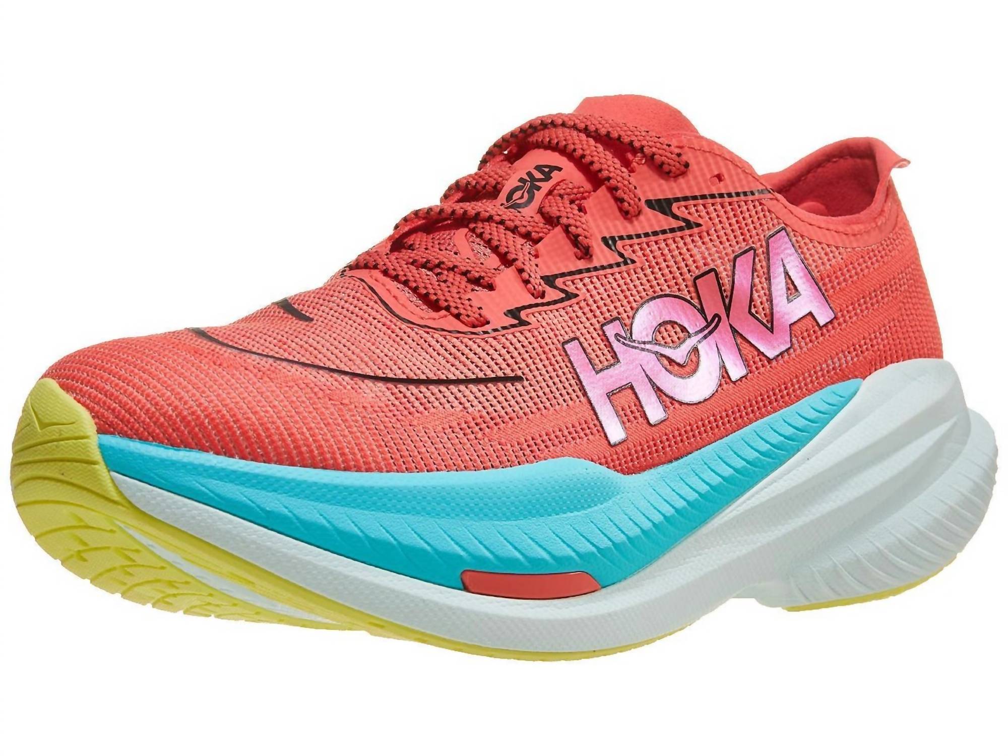 Hoka Men's Mach X 2 Running Shoes in grapefruit electric coral - men's shoe - detail view