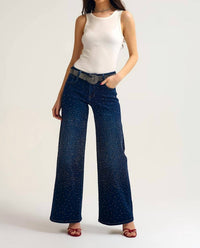 Q2 - Wide Leg Denim Jeans With Rhinestone Details